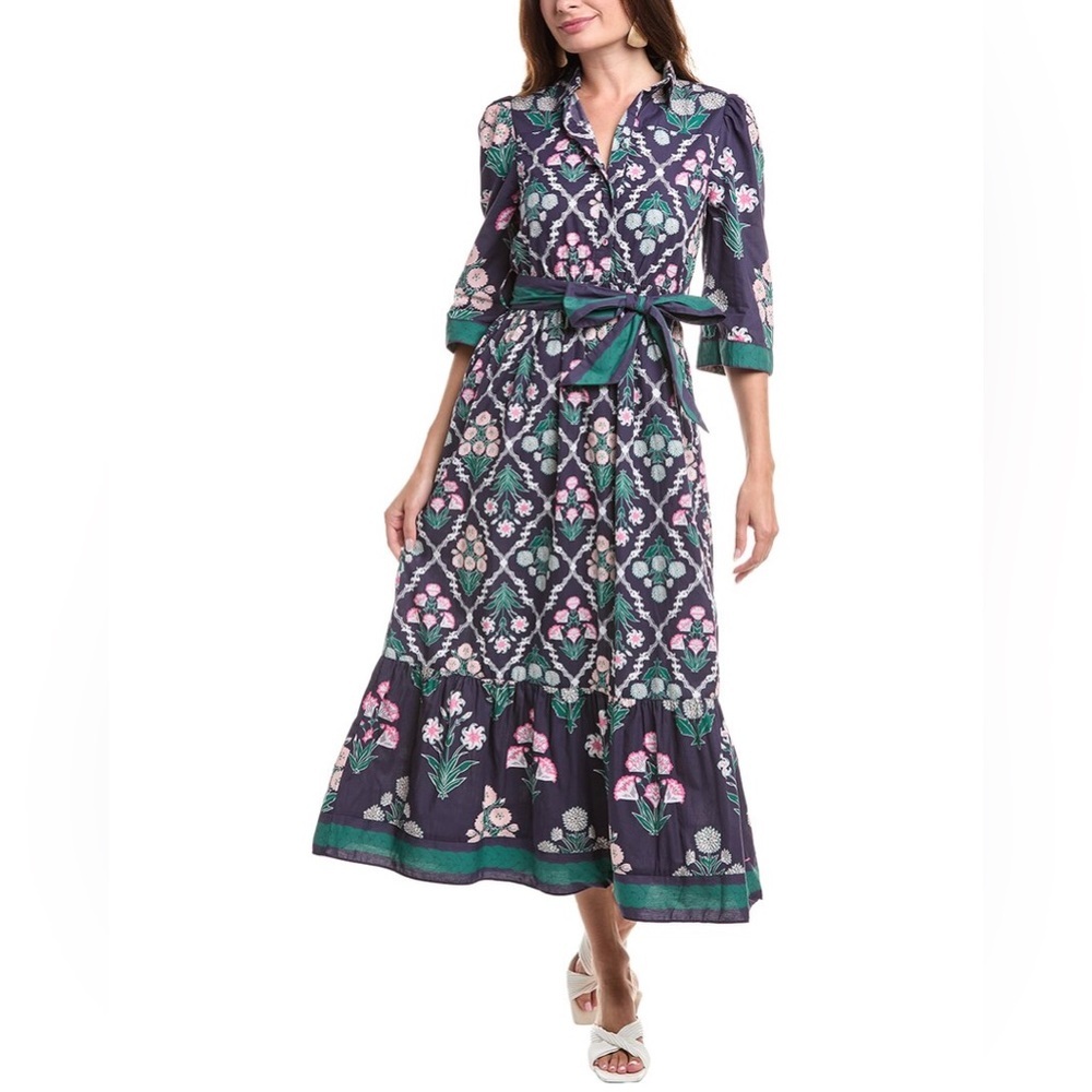 New Nwt Celina Moon Navy Tie Waist Floral Maxi Dress 100% Cotton